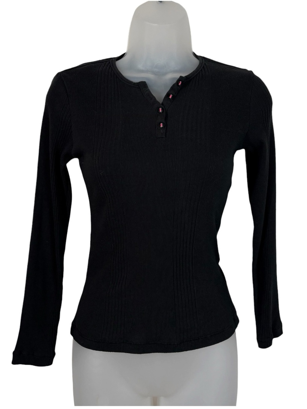 Vintage Y2K Fitted Ribbed Knit Pink Black Henley Button Top Mallcore Bella Elena